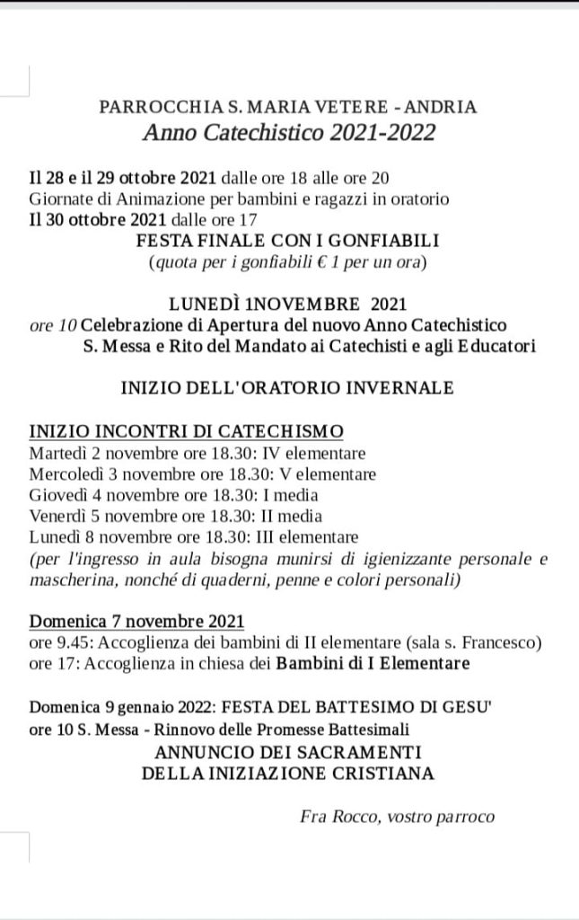 Calendario Anno Catechistico 2021-2022